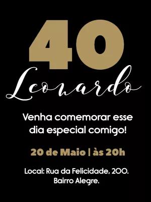 Convite Aniversário 40 Anos Masculino Elegante para Editar