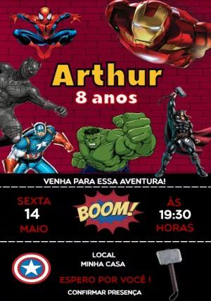 Convite de Aniversário Vingadores com Super-Heróis para Editar