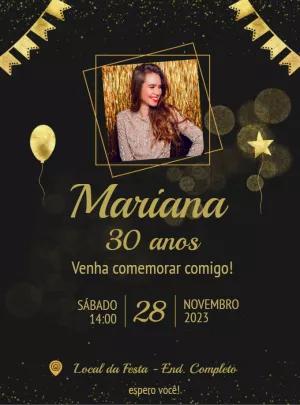 Convite de Aniversário Dourado e Preto com Foto para Editar