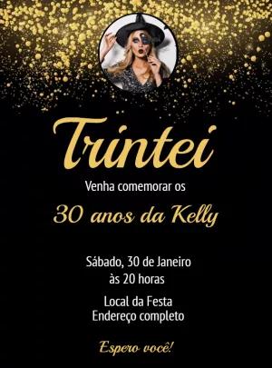 Convite Aniversário Adulto Glitter Dourado com Foto para Editar