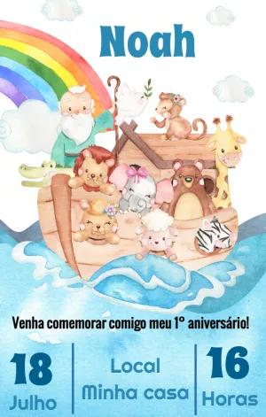 Convite Aniversário Arca de Noé com Animais para Editar Online