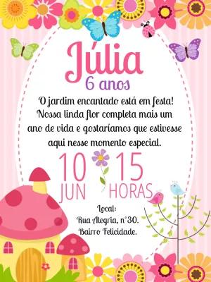 Convite Aniversário Jardim Encantado com Flores para Editar Online