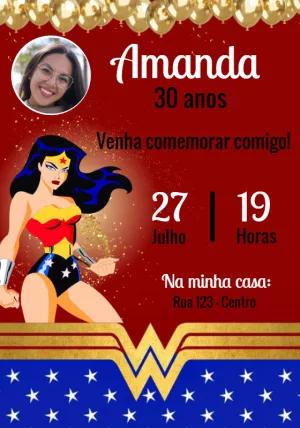 Convite Aniversário Mulher Maravilha com Foto para Editar Online
