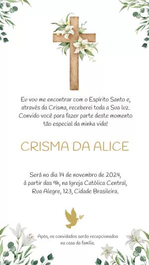 Convite de Crisma com Cruz e Lírios para Editar Online
