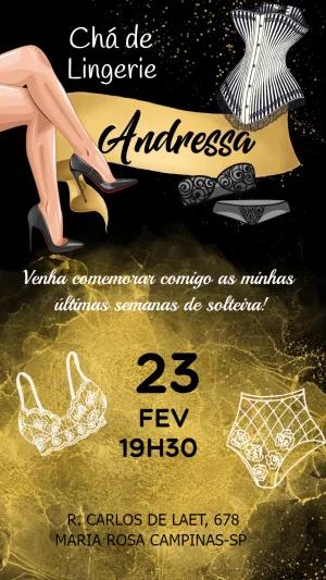Convite Chá de Lingerie Preto e Dourado para Editar Online