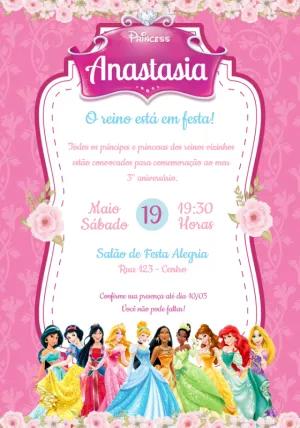 Convite Aniversário Princesas Disney para Editar Online