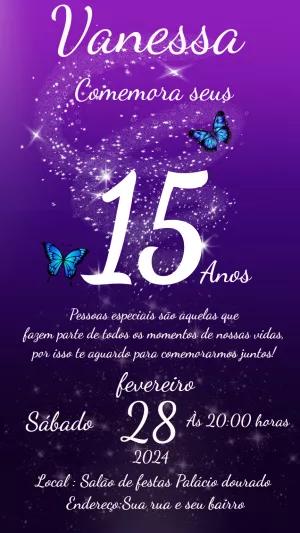 Convite de 15 Anos Roxo com Borboletas para Editar Online