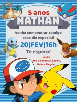 Convite de Aniversário Pokémon com Personagens para Editar Online