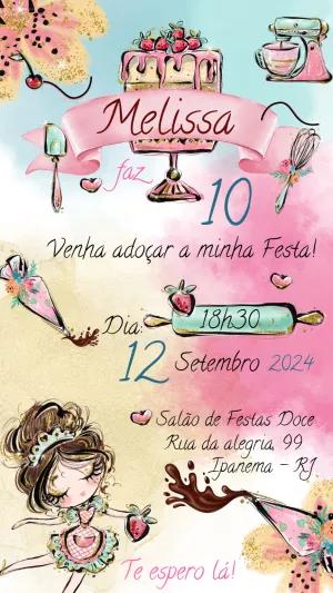 Convite Aniversário Confeitaria Aquarela para Editar Online