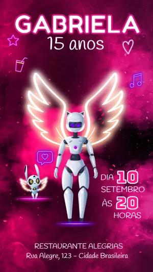 Convite de Aniversário 15 Anos Robô Neon para Editar Online