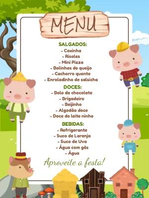 Menu de Aniversário Três Porquinhos para Editar Online
