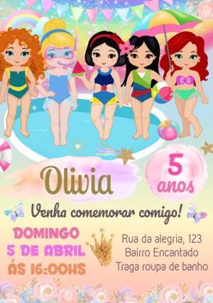 Convite Aniversário Pool Party Princesas Disney para Editar