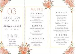 Menu de Casamento Dobrável Floral Rosa para Editar