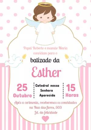 Convite de Batizado Menina Anjinha Rosa para Editar Online