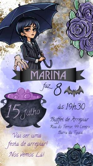 Convite Aniversário Wandinha Addams para Editar Online