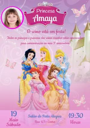 Convite de Aniversário Princesas Disney com Foto para Editar