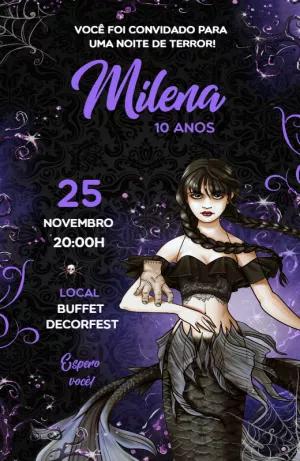 Convite Aniversário Wandinha Sereia Gótica para Editar Online