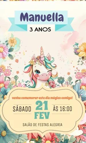 Convite Aniversário Unicórnio Floral para Editar Online
