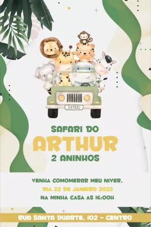 Convite de Aniversário Safari com Animais Fofos para Editar