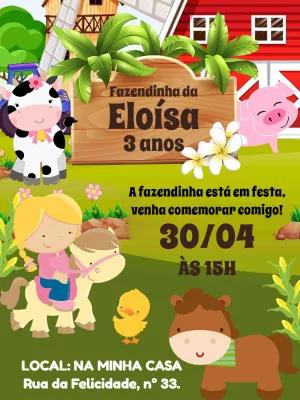 Convite Aniversário Fazendinha com Animais para Editar Online