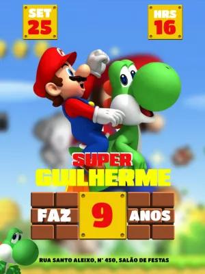 Convite de Aniversário Super Mario e Yoshi para Editar Online