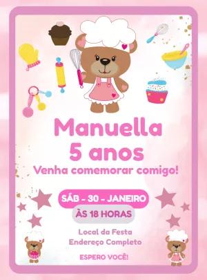 Convite Aniversário Ursinha Confeiteira para Editar Online