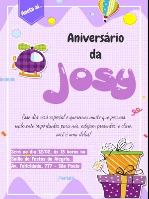 Convite Aniversário Infantil Helicóptero Lilás para Editar