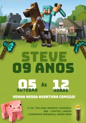Convite de Aniversário Minecraft com Personagens para Editar