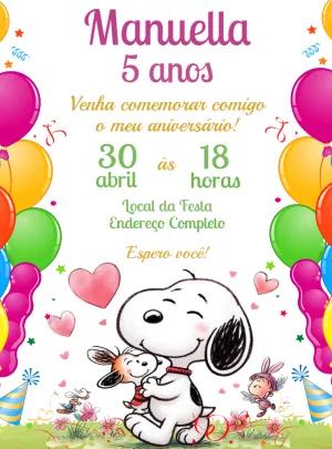 Convite de Aniversário Snoopy Fofo para Editar e Imprimir