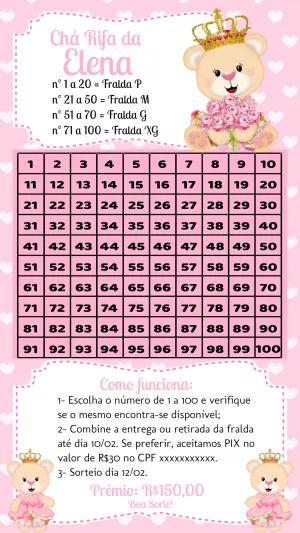 Chá Rifa Ursinha Princesa Editável para Imprimir ou Enviar