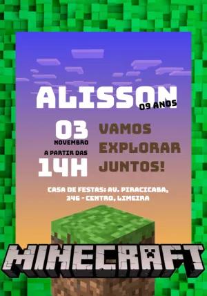 Convite de Aniversário Minecraft com Bloco de Grama para Editar