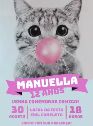 Convite de Aniversário Gatinho com Chiclete para Editar Online