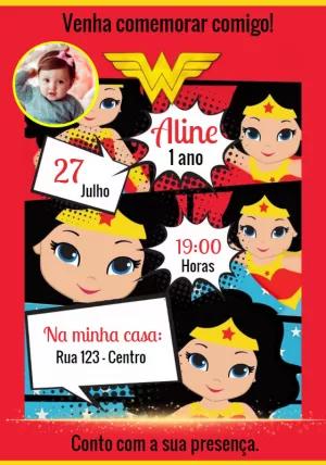 Convite Aniversário Mulher Maravilha com Foto para Editar