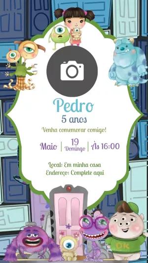 Convite Aniversário Monstros SA com Foto para Editar Online