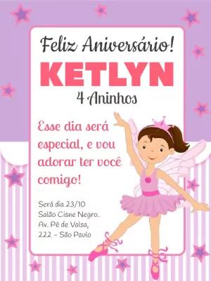 Convite de Aniversário Bailarina para Editar Online