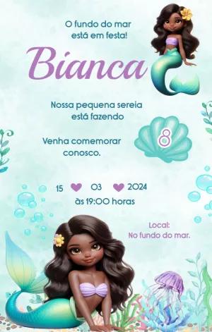 Convite Aniversário Sereia Negra para Editar Online