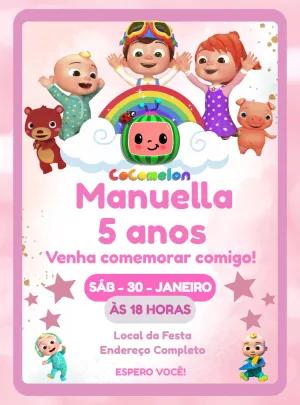 Convite de Aniversário Cocomelon Rosa para Editar Online