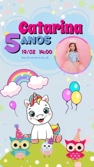 Convite Aniversário Unicórnio com Foto para Editar Online