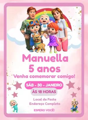 Convite de Aniversário Cocomelon com Personagens para Editar