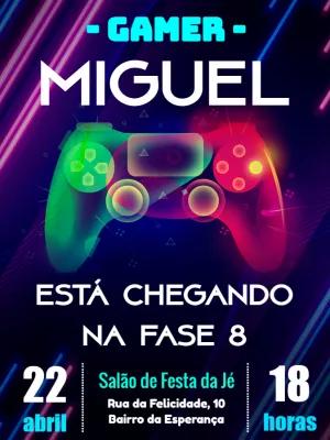 Convite de Aniversário Gamer Neon com Controle para Editar Online