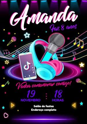 Convite de Aniversário Neon Musical para Editar Online