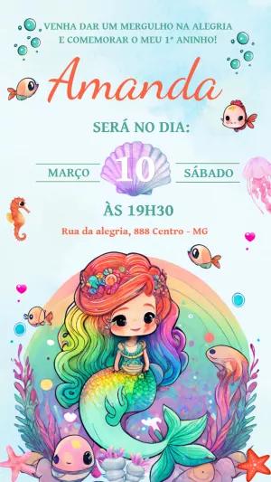 Convite de Aniversário Sereia Mágica Editável Online