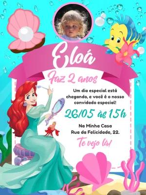 Convite Aniversário Pequena Sereia com Foto para Editar Online