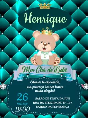 Convite Chá de Bebê Ursinho Príncipe Fundo Acolchoado para Editar