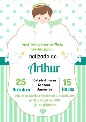 Convite Batizado Menino Anjo Verde Editável para Imprimir