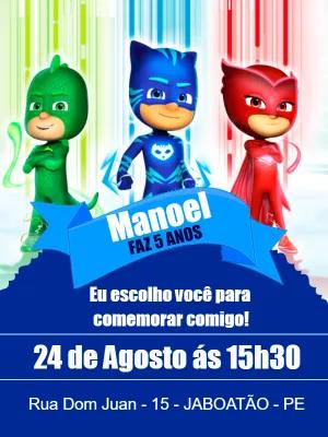 Convite de Aniversário PJ Masks com Heróis para Editar Online