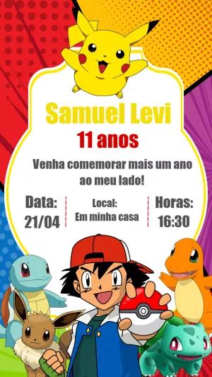 Convite de Aniversário Pokémon com Ash e Pikachu para Editar