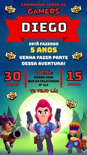 Convite Aniversário Brawl Stars com Personagens para Editar Online