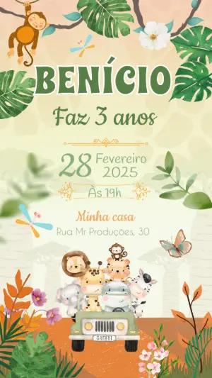 Convite Aniversário Safari com Animais Fofos para Editar Online