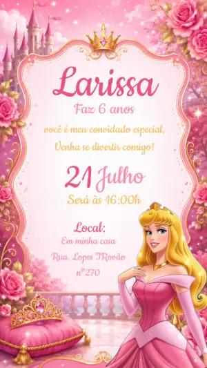 Convite Aniversário Princesa Aurora Rosa e Dourado Editável